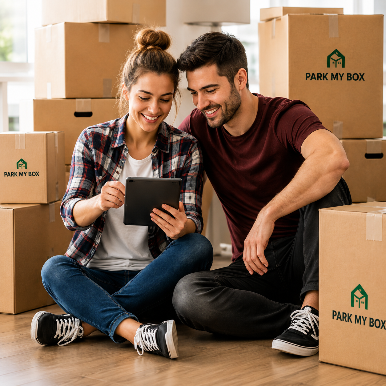 Couple comparing moving options surrounded by Park My Box boxes
